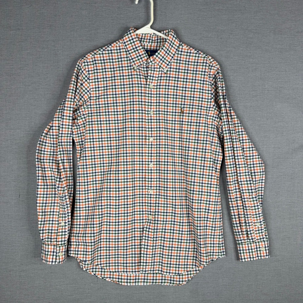 Ralph Lauren Mens Medium Button Down Shirt‎ Orange Green Blue Plaid Long Sleeve
